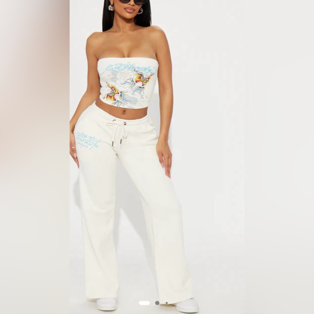 Ed Hardy Cream Wide-Leg Track Pants with Light Blue Graphic